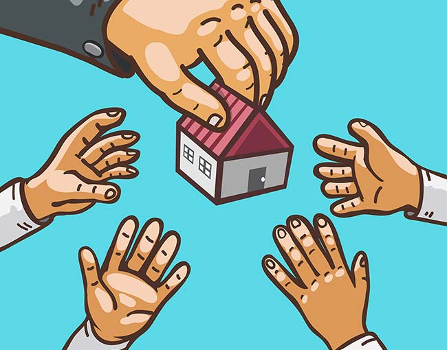 Illustrating of  a hand distributing real estate to other hands