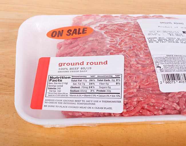 A package of ground beef with a nutrition label