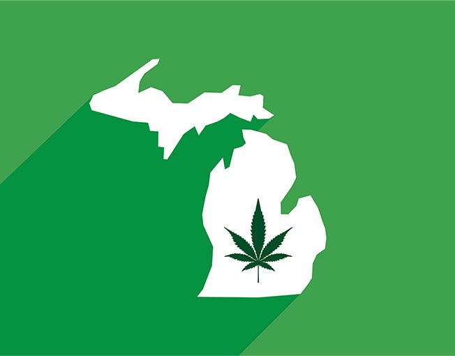 Outline of Michigan with cannabis leaf