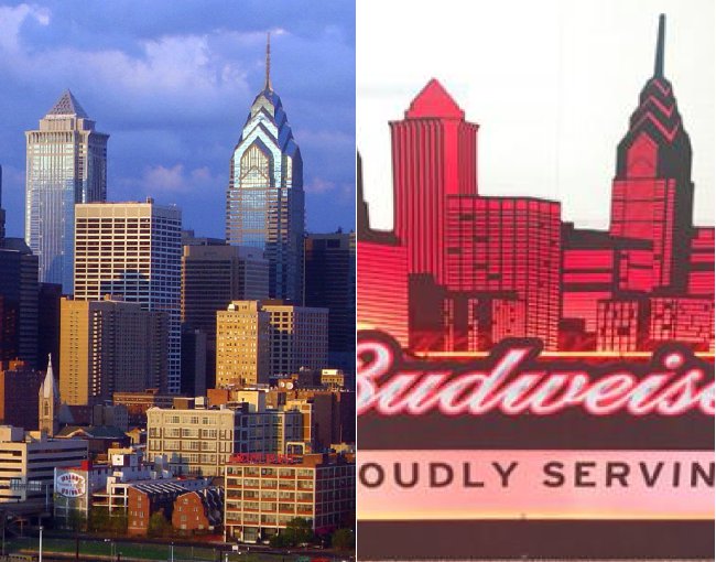 Side by side comparison of a photo of Philadelphia skyline and a window sign