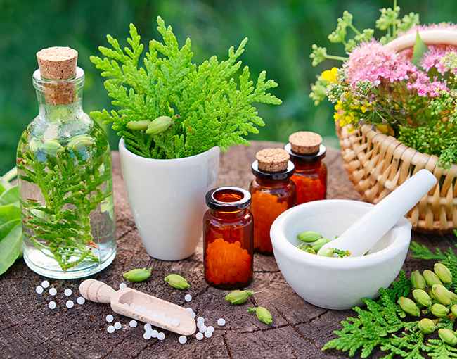 homeopathic bottles and plants